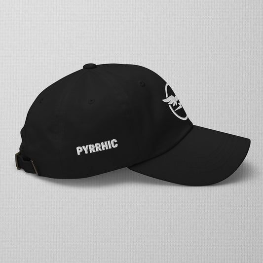 Black  golf cap with pyrrhic wingmark logo and pyrrhic brand name in white stitch.
