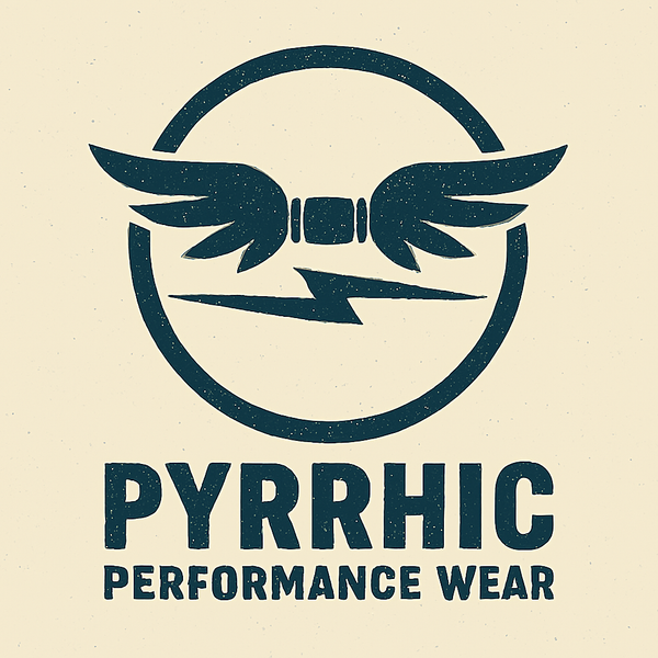 gentian blue colour PYRRHIC PERFORMANCE WEAR logo with wings and thunderbolt design on a champagne background