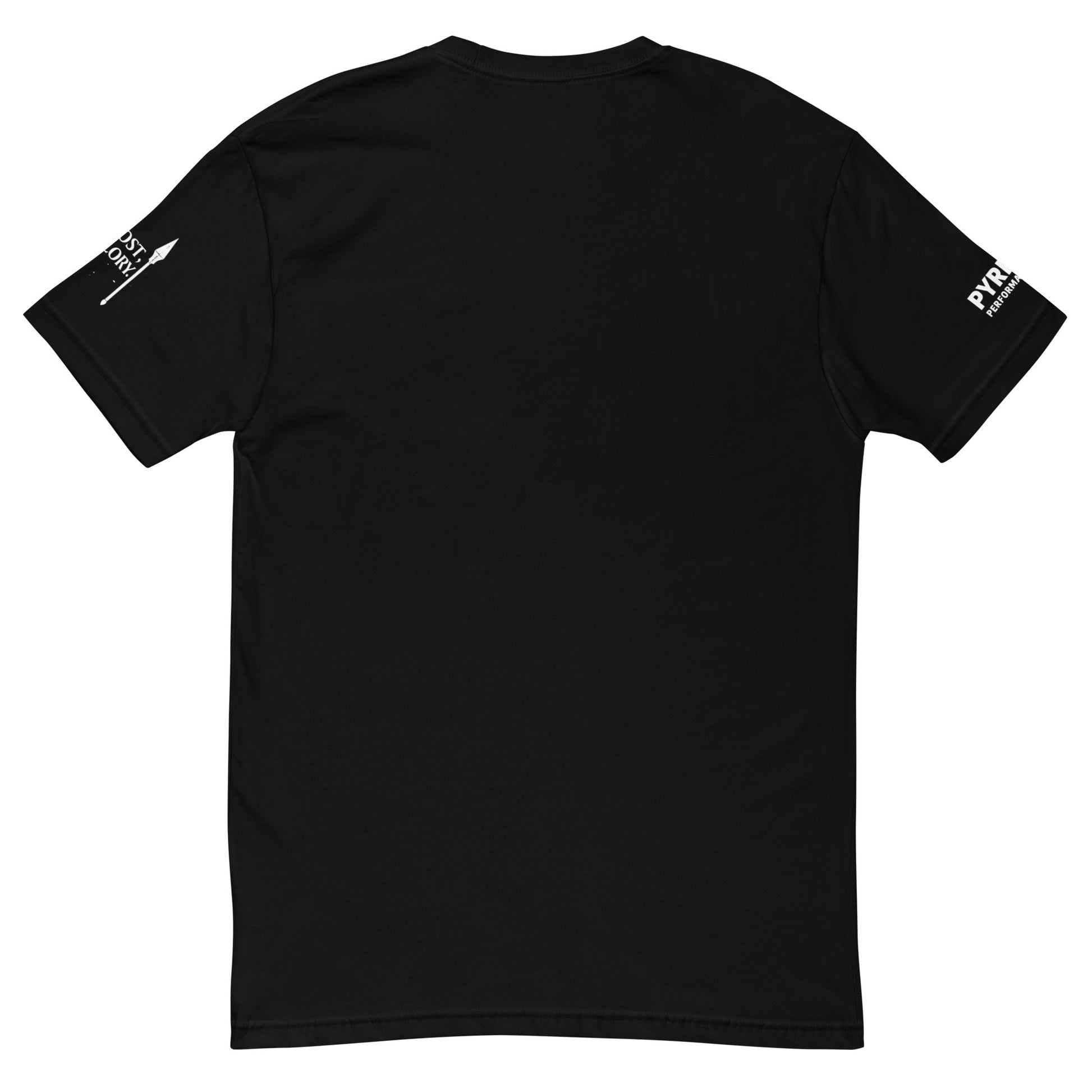 Black t-shirt with pyrrhic brand name and brand tag line white text on sleeves against a white background.