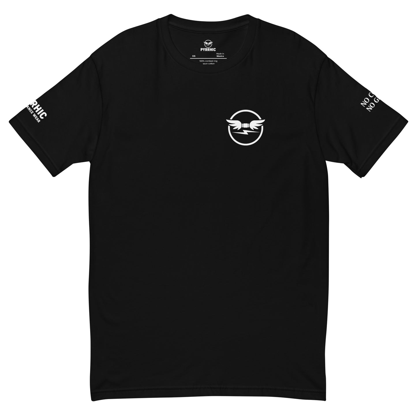 Black t-shirt with pyrrhic wingmark logo on the chest and text on the sleeves against a white background.