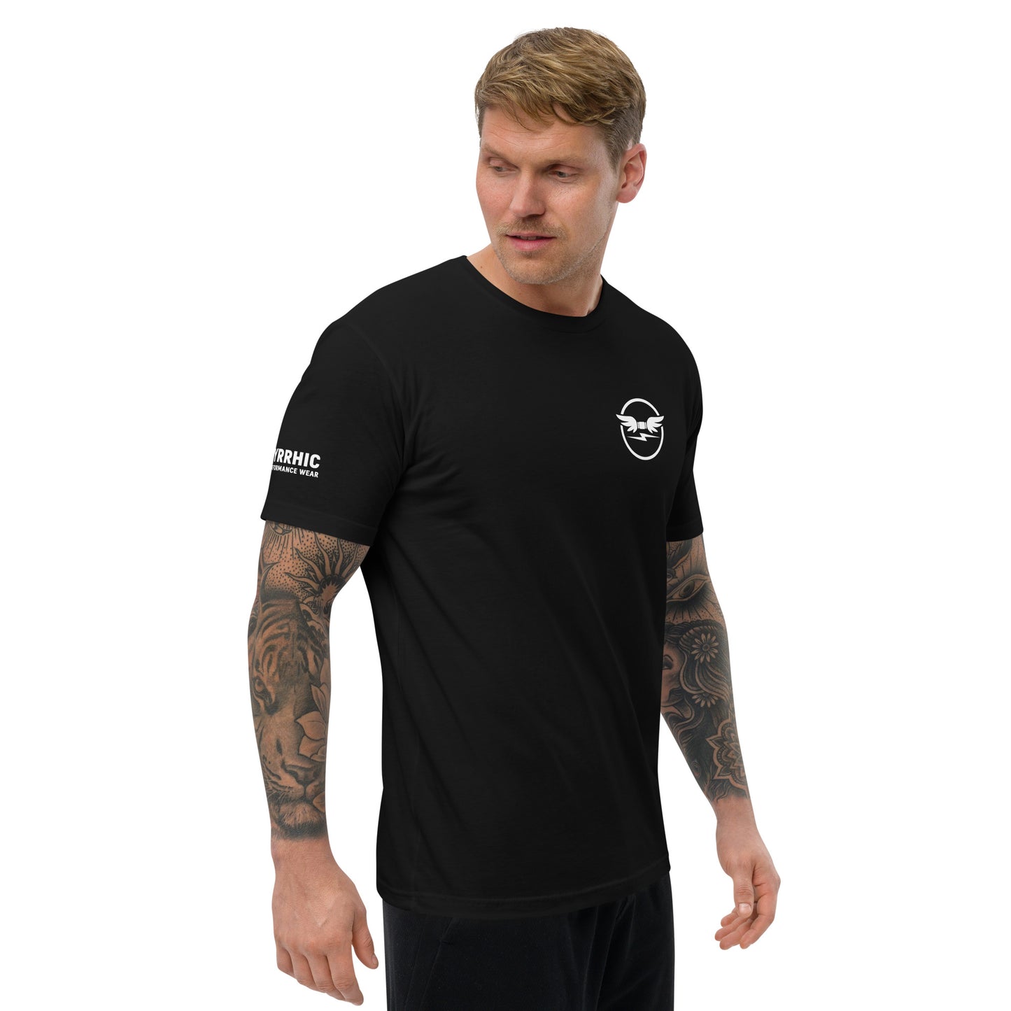 Man wearing a black t-shirt with the pyrrhic wingmark logo on the chest and pyrrhic brand name and drc insgina on  on a white background