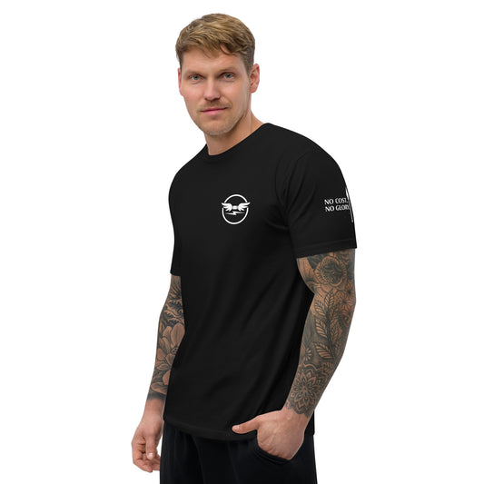 Man wearing a black t-shirt with the pyrrhic wingmark logo on the chest and pyrrhic brand name and drc insgina on  on a white background
