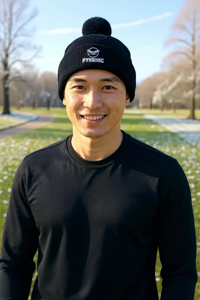 Man wearing a pyrrhic core black bobble hat with the pyrrhic logo and black shirt outdoors on a frosty and sunny day.