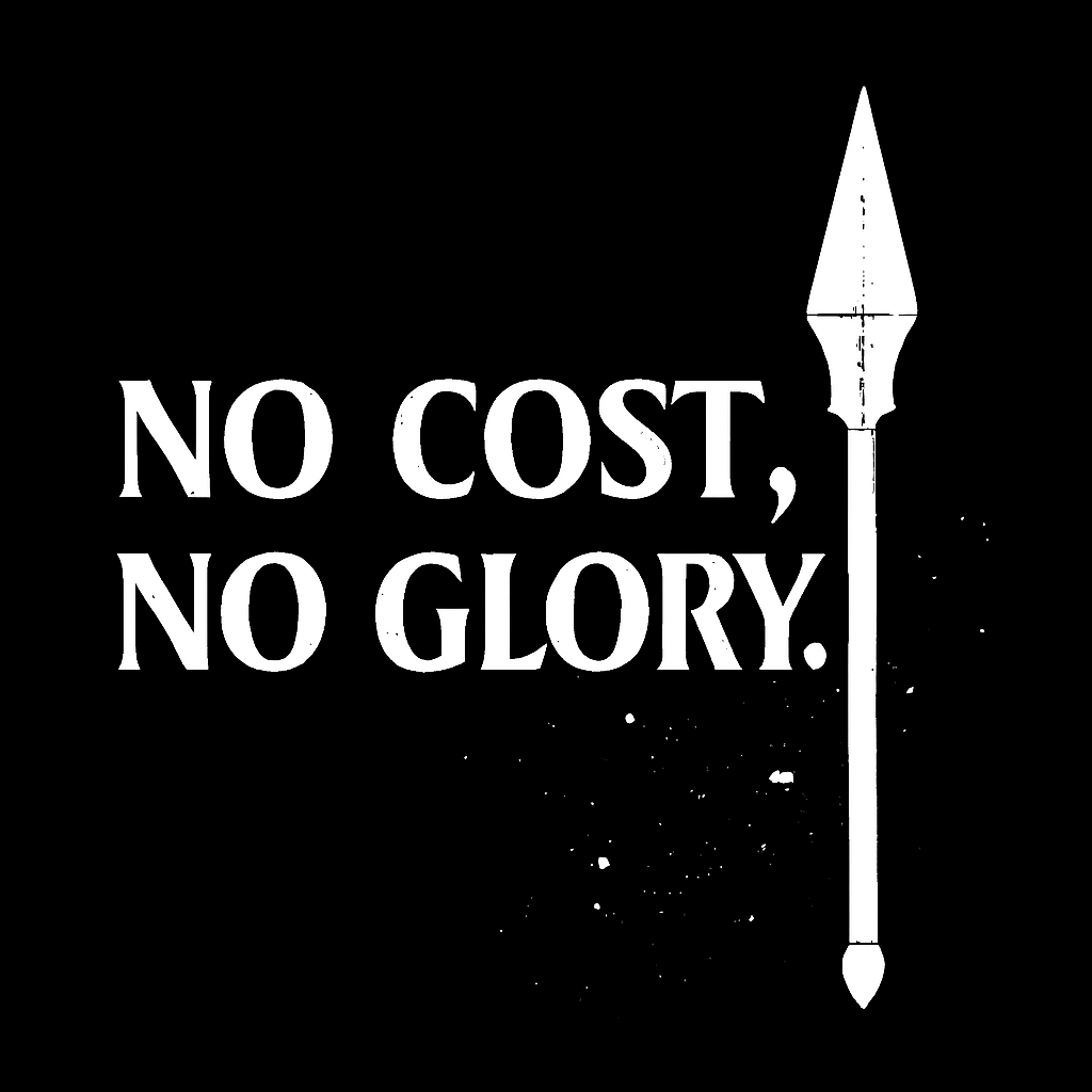 white spear with pyrrhic tagline 'No Cost, No Glory' text on a black background.