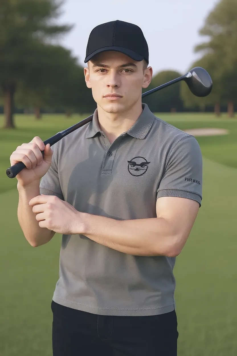 Man holding a golf club on a golf course wearing a grey pyrrhic classic polo.