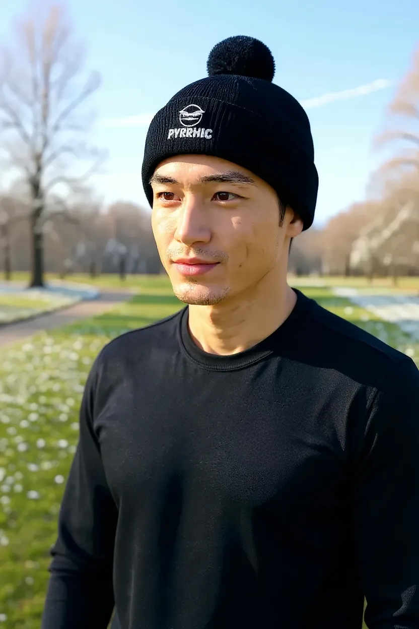 Man staring off into the distance wearing a pyrrhic core black bobble hat with the pyrrhic logo and black shirt outdoors on a frosty and sunny day.